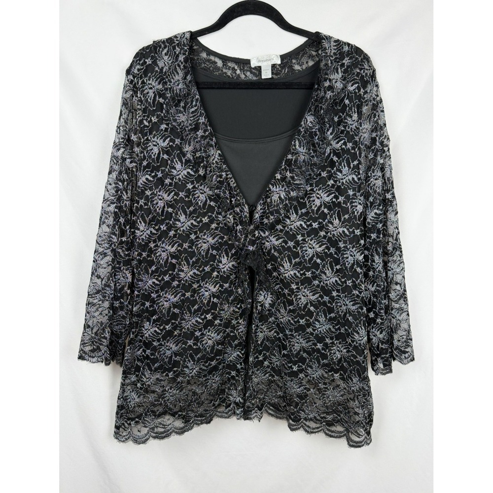 Dressbarn 3X Plus Size Whimsigoth Metallic Silver Black Lace Blouse Y2K Fairy‎